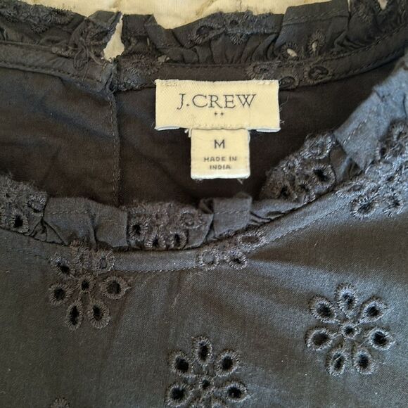 J. Crew High Neck Eyelet Cotton Blouse Lined Ruffled Neckline Elastic Sleeves M - Picture 6 of 12